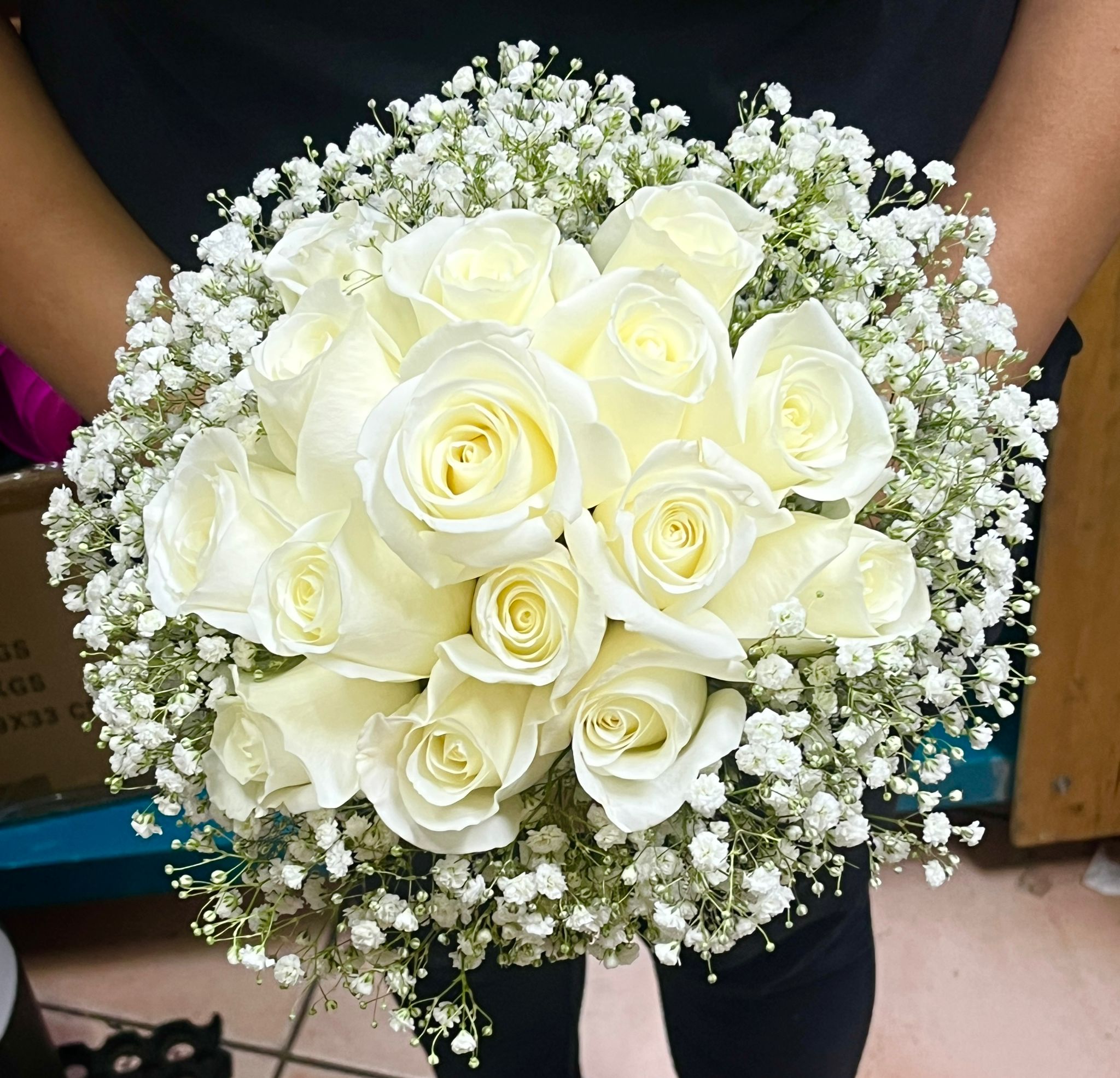 White Roses with full Baby Breath